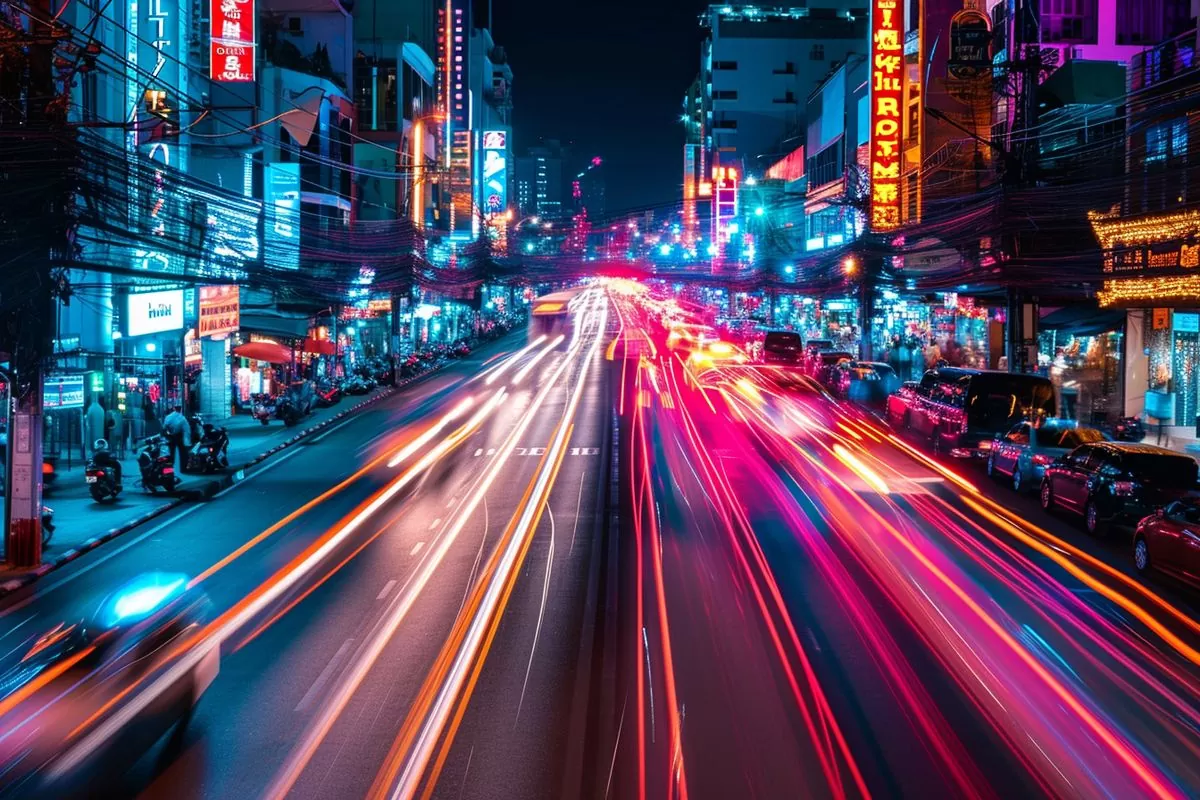 Long exposure shot of sparkling lights illuminating the bustling streets of nightlife in Bangkok