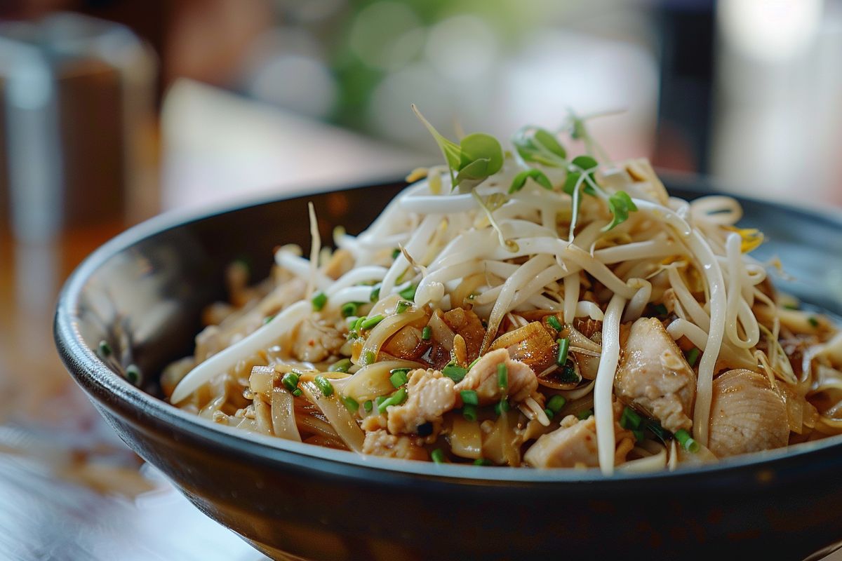 Pad Thai de poulet : Nouilles de riz sautées avec poulet et pousses de soja