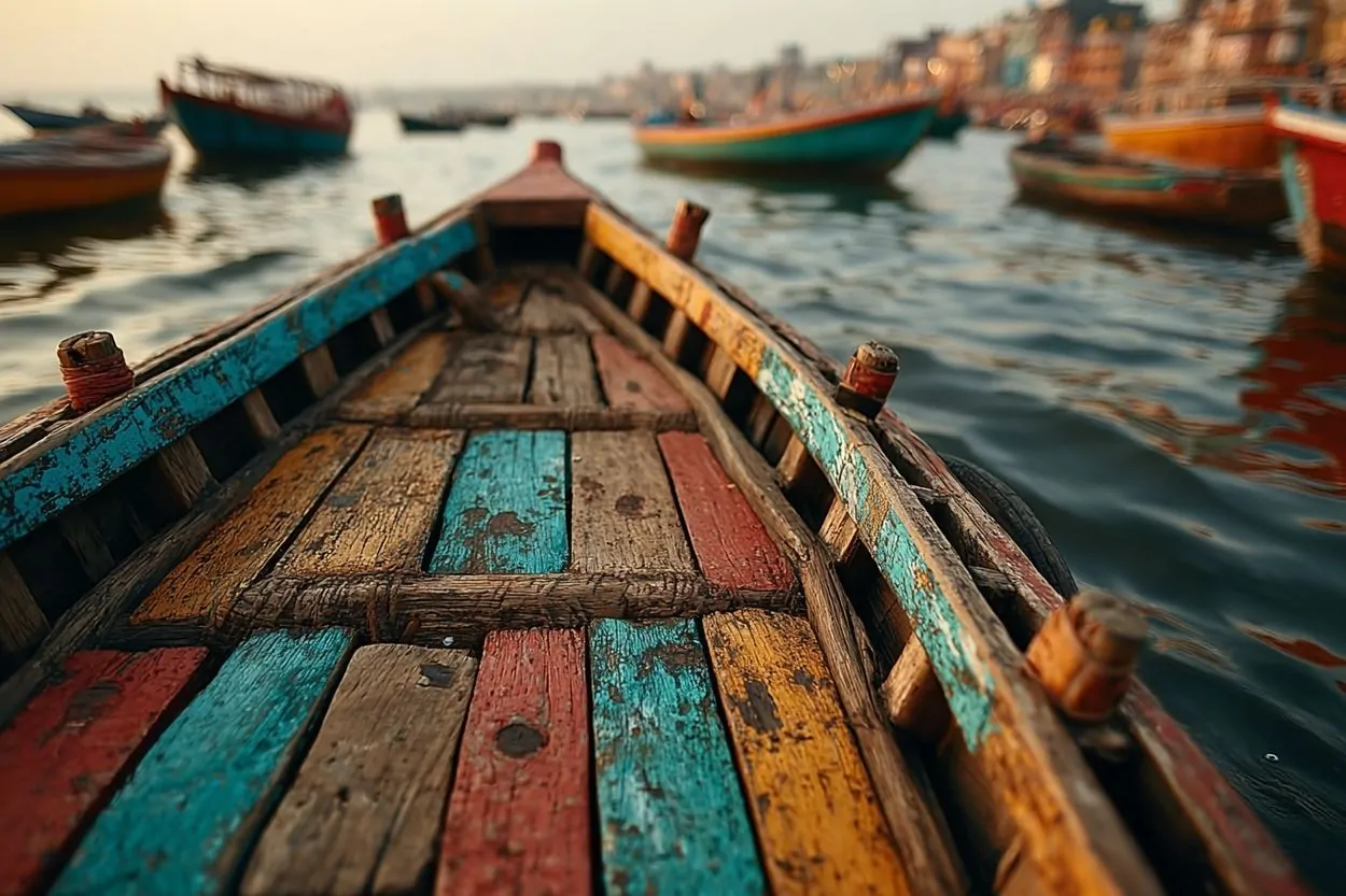 Bateau en bois traditionnel au Mékong avec éclairage doux